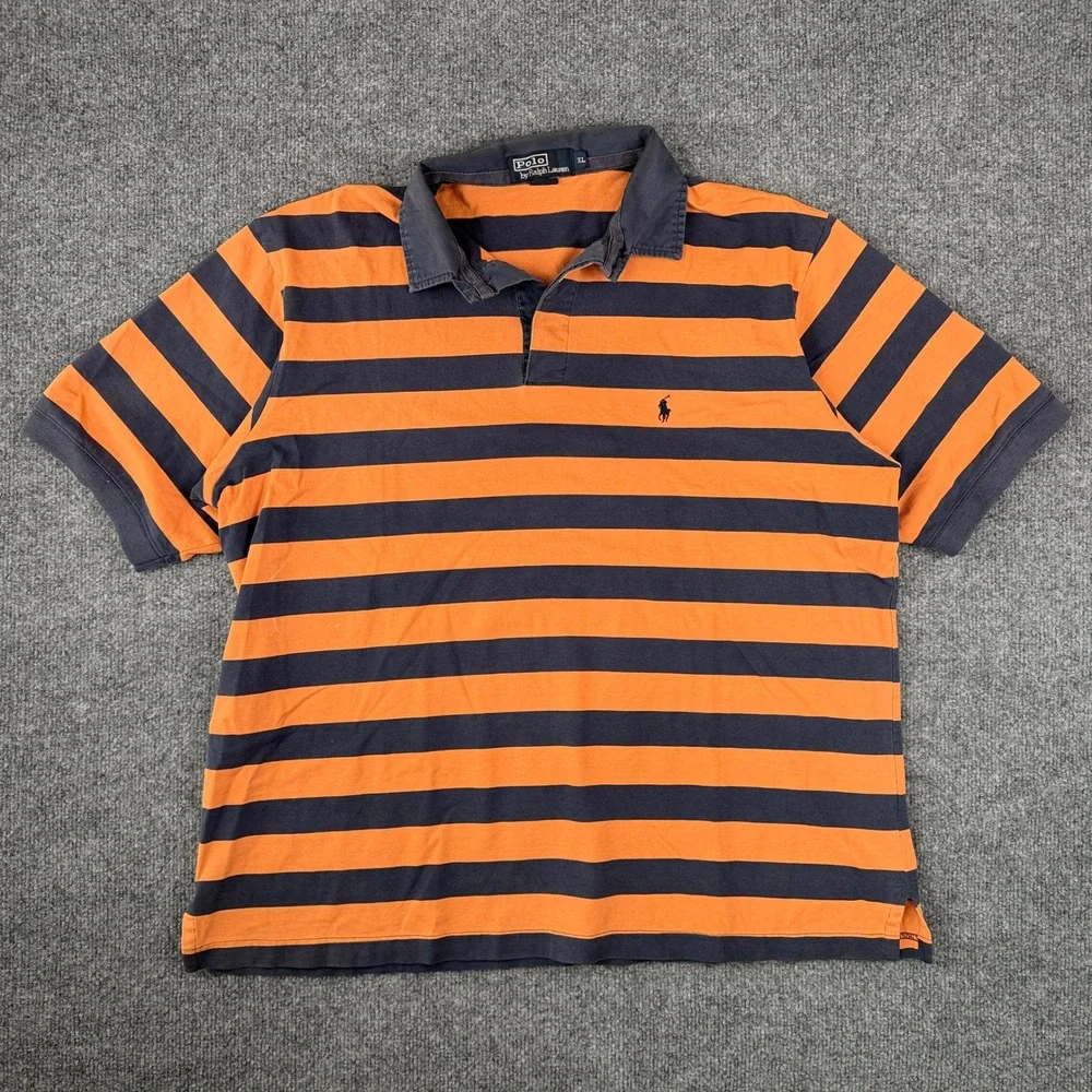 Vintage Polo Ralph Lauren Rugby Shirt Mens XL Orange Blue Striped Short Sleeve